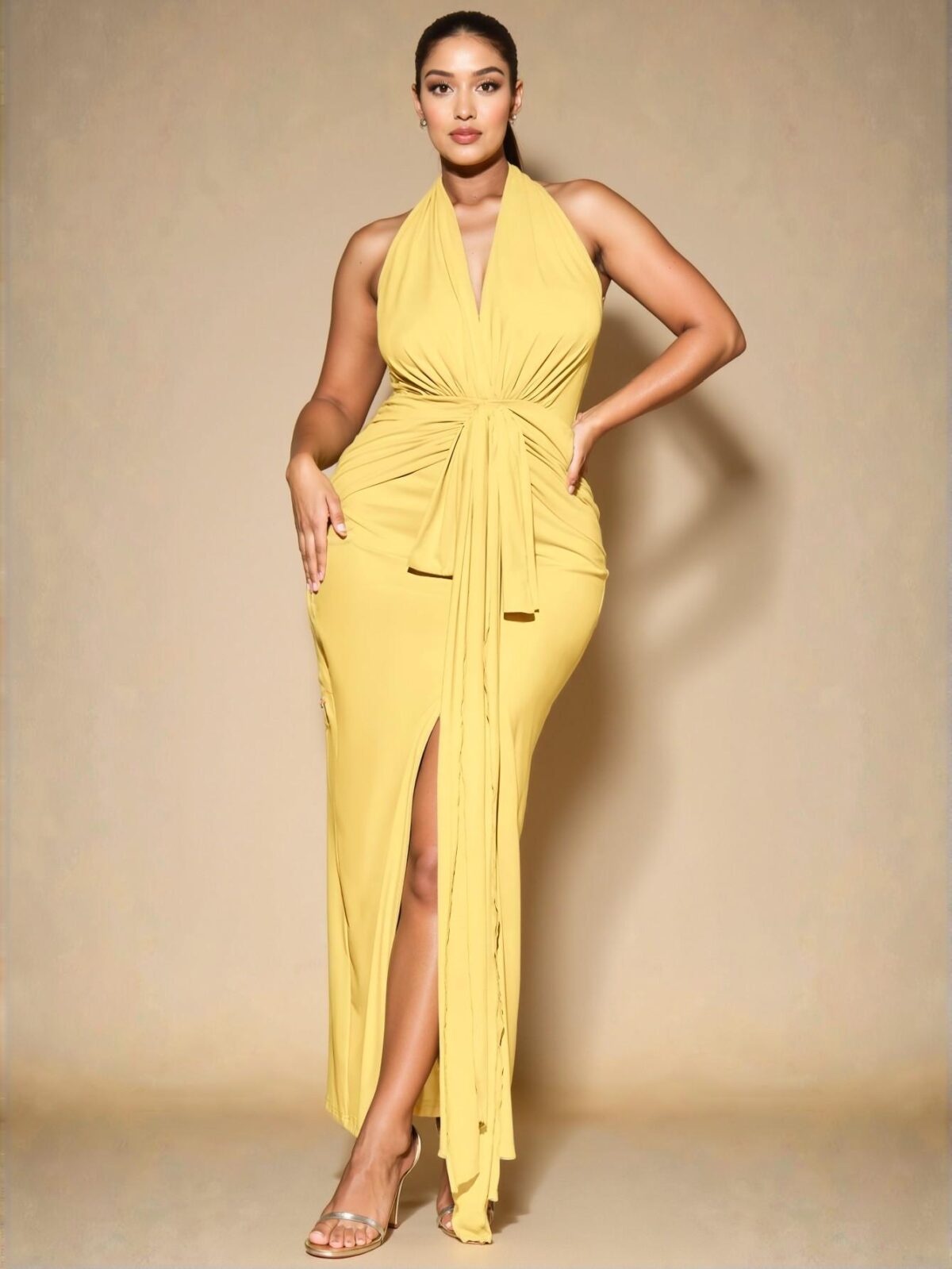 Elegant Yellow Halter Neck Long Knit Dress, Perfect for Everyday Chic, Outings, Romantic Dates, Afternoon Teas, and Vacation Looks, Spring/Summer Style "Chic, Classy and Trendy Fashion Style to Dress to Impress"