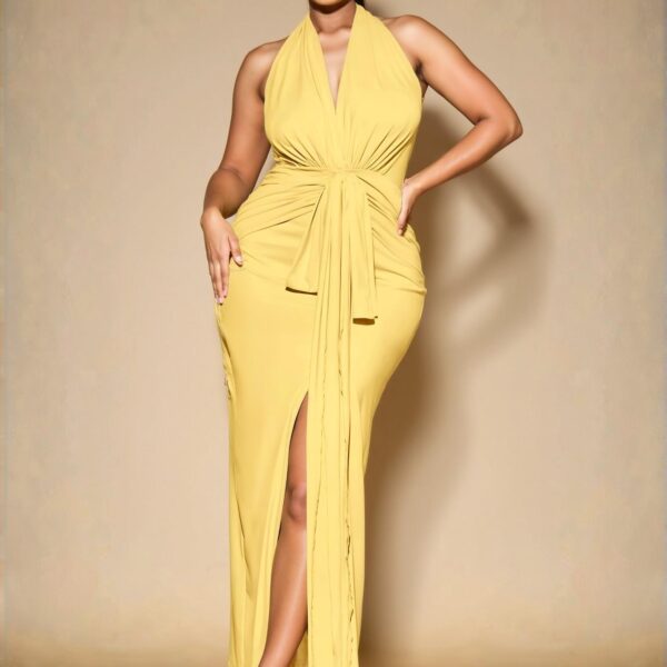 Elegant Yellow Halter Neck Long Knit Dress, Perfect for Everyday Chic, Outings, Romantic Dates, Afternoon Teas, and Vacation Looks, Spring/Summer Style "Chic, Classy and Trendy Fashion Style to Dress to Impress"