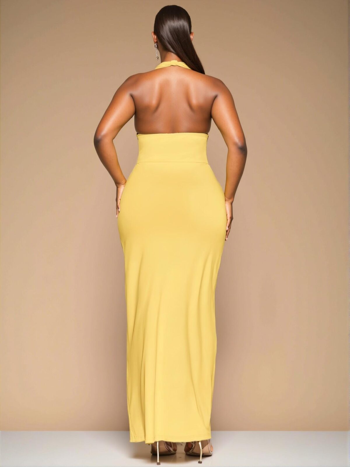 Elegant Yellow Halter Neck Long Knit Dress, Perfect for Everyday Chic, Outings, Romantic Dates, Afternoon Teas, and Vacation Looks, Spring/Summer Style "Chic, Classy and Trendy Fashion Style to Dress to Impress" - Image 2