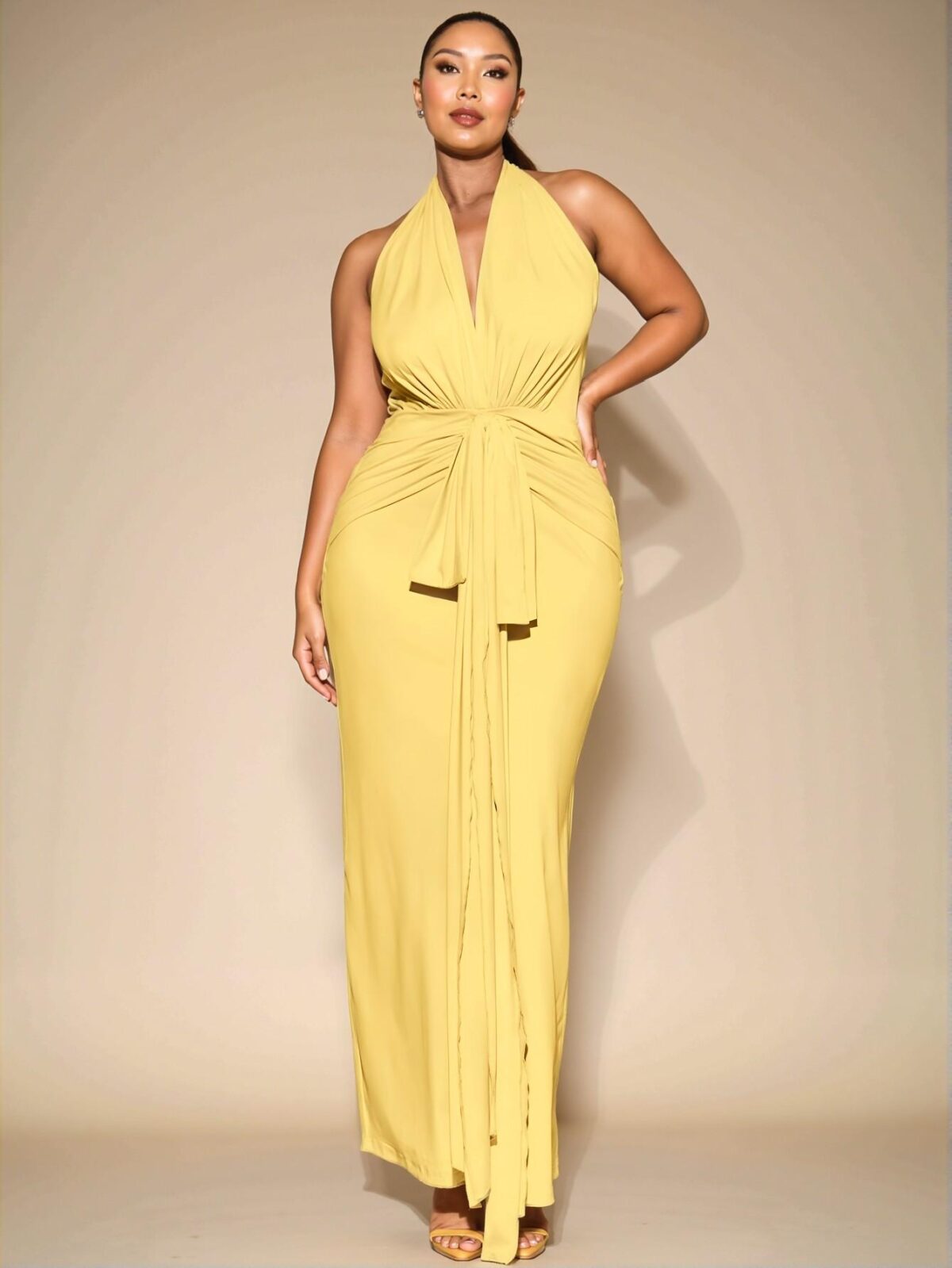 Elegant Yellow Halter Neck Long Knit Dress, Perfect for Everyday Chic, Outings, Romantic Dates, Afternoon Teas, and Vacation Looks, Spring/Summer Style "Chic, Classy and Trendy Fashion Style to Dress to Impress" - Image 3