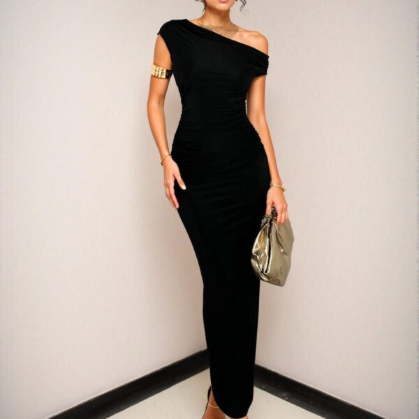 Elegant Black Asymmetrical Ruched Bodycon Dress for Beach, Club, and Formal Occasions - Chic, Classy and Trendy Fashion Style to Dress to Impress