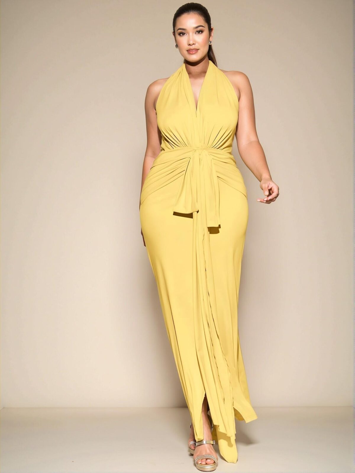 Elegant Yellow Halter Neck Long Knit Dress, Perfect for Everyday Chic, Outings, Romantic Dates, Afternoon Teas, and Vacation Looks, Spring/Summer Style "Chic, Classy and Trendy Fashion Style to Dress to Impress" - Image 5
