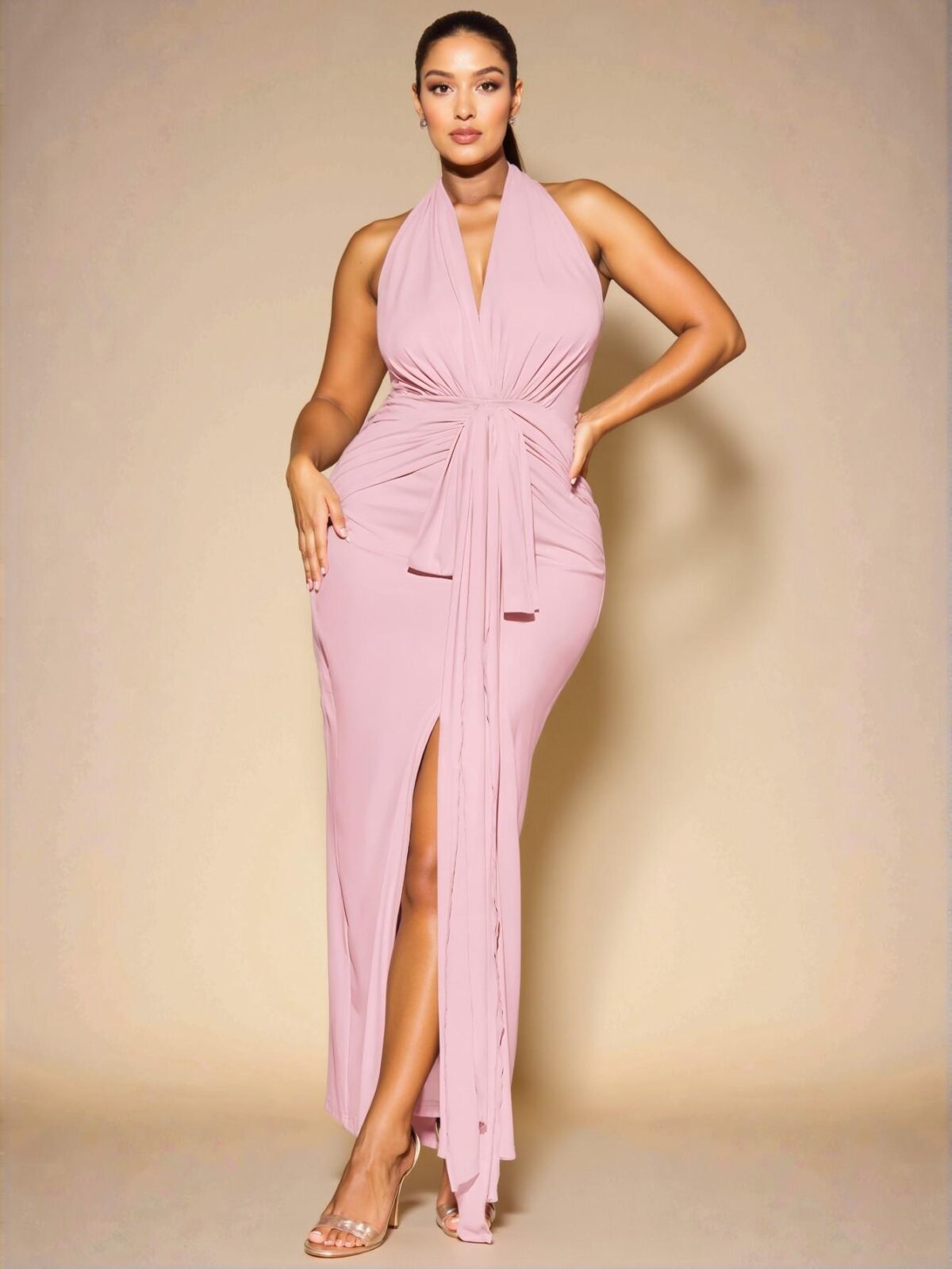 Elegant Coral Pink Chic High Slit Fitted Maxi Dress and Plus Size Linen Vest & Wide Leg Shorts Set for Casual Spring/Summer Outings, Concerts, and Beach Wear - Chic, Classy and Trendy Fashion Style to Dress to Impress