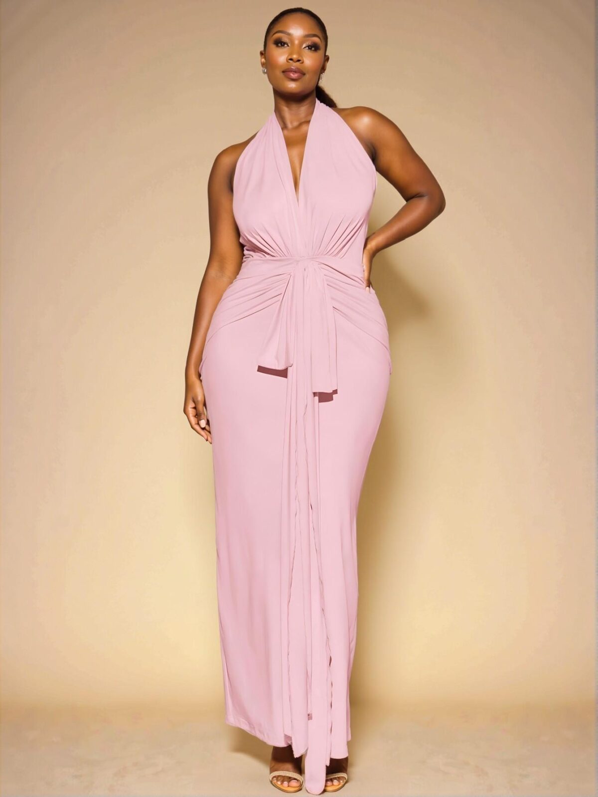 Elegant Coral Pink Chic High Slit Fitted Maxi Dress and Plus Size Linen Vest & Wide Leg Shorts Set for Casual Spring/Summer Outings, Concerts, and Beach Wear - Chic, Classy and Trendy Fashion Style to Dress to Impress - Image 3
