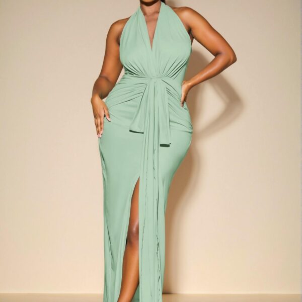 Elegant Mint Green Sleek High Slit Maxi Dress and Chic Linen Vest & Wide Leg Shorts Set for Stylish Spring/Summer Outings and Celebrations, Perfect for Beach Days, Graduations, and Rave Events - Chic, Classy and Trendy Fashion Style to Dress to Impress