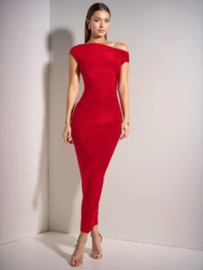 Elegant Red Asymmetrical Ruched Bodycon Long Dress for Formal Events and Beach Getaways - Chic, Classy and Trendy Fashion Style to Dress to Impress