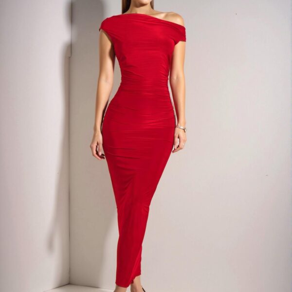 Elegant Red Asymmetrical Ruched Bodycon Long Dress for Formal Events and Beach Getaways - Chic, Classy and Trendy Fashion Style to Dress to Impress