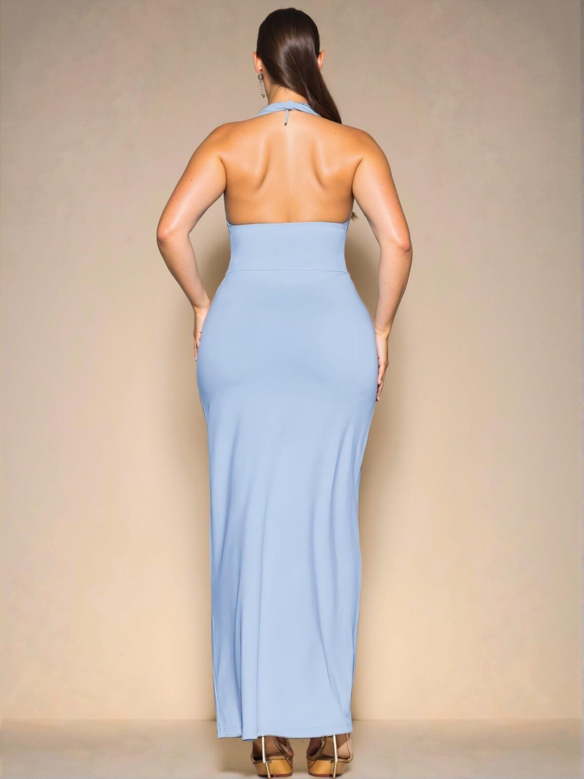 Elegant Baby Blue Chic and Classy Long V-Neck Knit Dress with High Slit, Plus Size Linen Vest & Wide Leg Shorts Set for Stylish Spring and Summer Outfits, Perfect for Outings, Festivals, and Beach Days, Dress to Impress! - Image 2