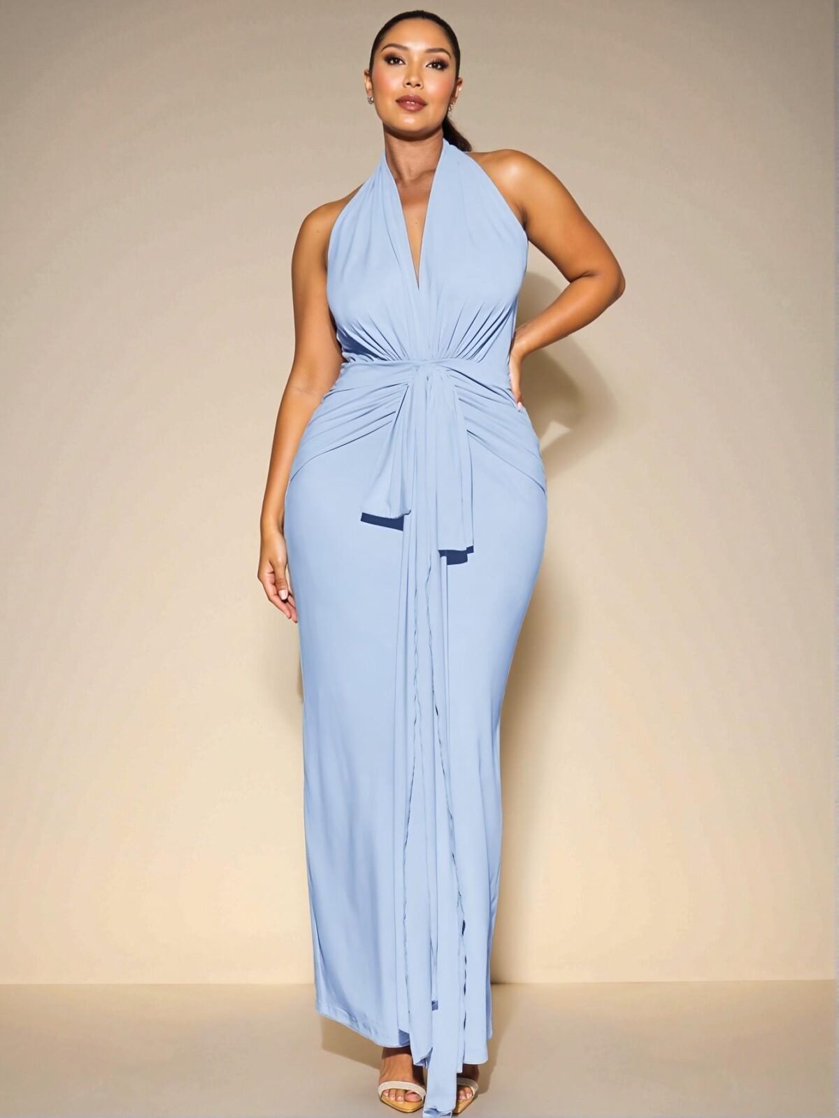 Elegant Baby Blue Chic and Classy Long V-Neck Knit Dress with High Slit, Plus Size Linen Vest & Wide Leg Shorts Set for Stylish Spring and Summer Outfits, Perfect for Outings, Festivals, and Beach Days, Dress to Impress! - Image 3