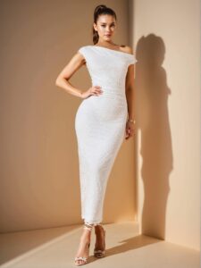 Elegant White Asymmetrical Ruched Bodycon Long Dress for Beach and Formal Occasions - Chic, Classy and Trendy Fashion Style to Dress to Impress