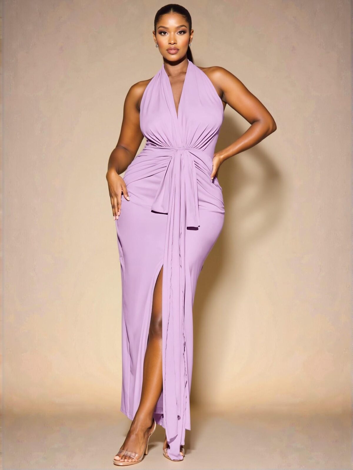 Elegant Mauve Purple Long V-Neck Knit Dress and Plus Size Linen Vest with Wide Leg Shorts Set for Casual Outings, Dates, and Spring/Summer Events - Chic, Classy and Trendy Fashion Style to Dress to Impress