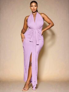 Elegant Mauve Purple Long V-Neck Knit Dress and Plus Size Linen Vest with Wide Leg Shorts Set for Casual Outings, Dates, and Spring/Summer Events - Chic, Classy and Trendy Fashion Style to Dress to Impress