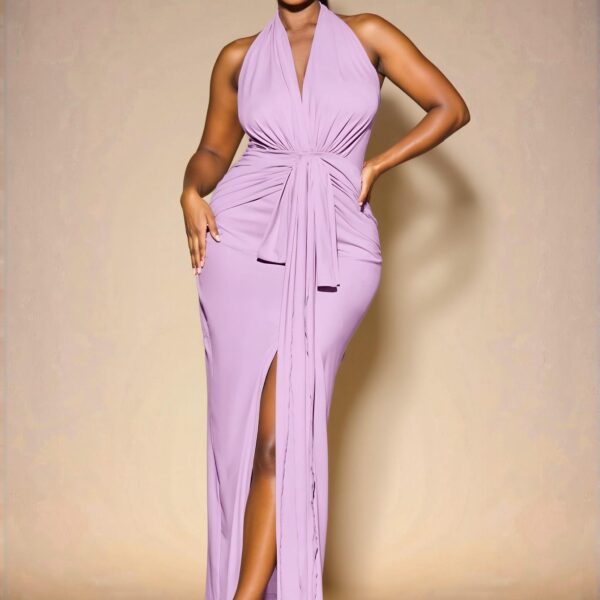 Elegant Mauve Purple Long V-Neck Knit Dress and Plus Size Linen Vest with Wide Leg Shorts Set for Casual Outings, Dates, and Spring/Summer Events - Chic, Classy and Trendy Fashion Style to Dress to Impress