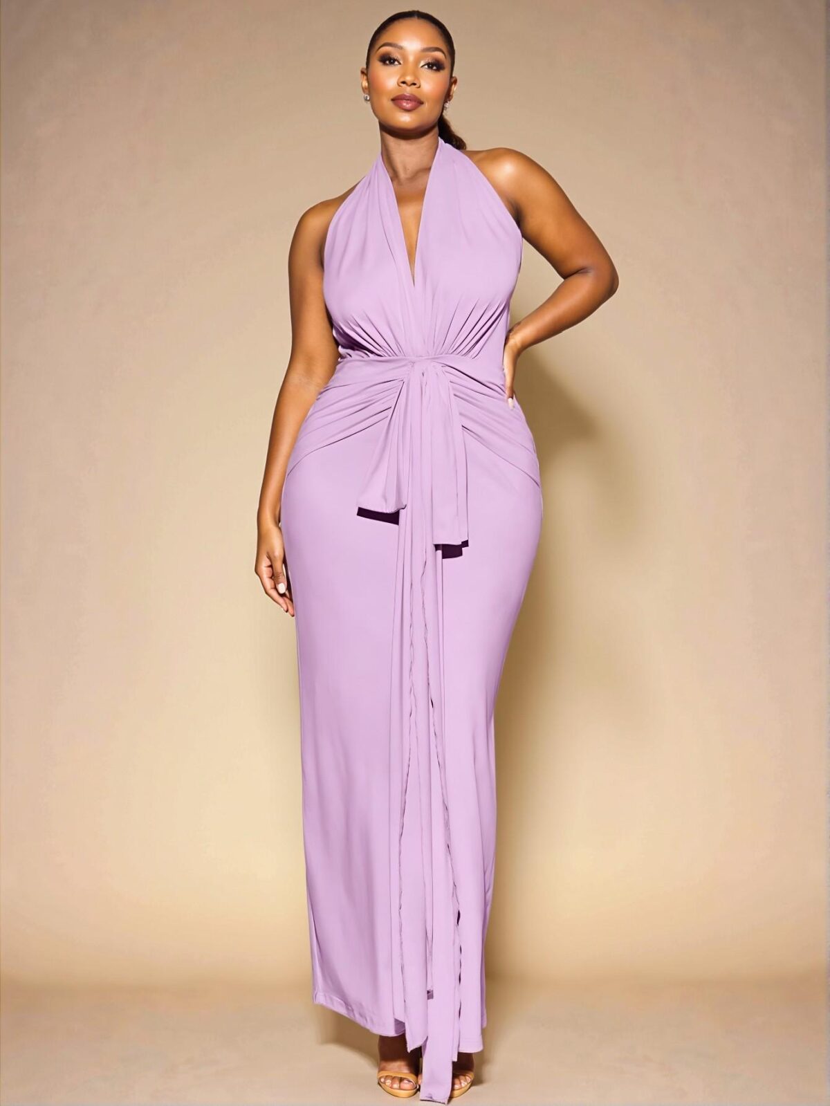 Elegant Mauve Purple Long V-Neck Knit Dress and Plus Size Linen Vest with Wide Leg Shorts Set for Casual Outings, Dates, and Spring/Summer Events - Chic, Classy and Trendy Fashion Style to Dress to Impress - Image 3