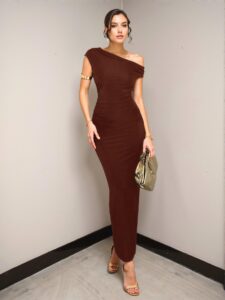 Elegant Coffee Brown Asymmetrical Ruched Bodycon Dress for Summer, Beach, and Formal Occasions - Chic, Classy and Trendy Fashion Style to Dress to Impress