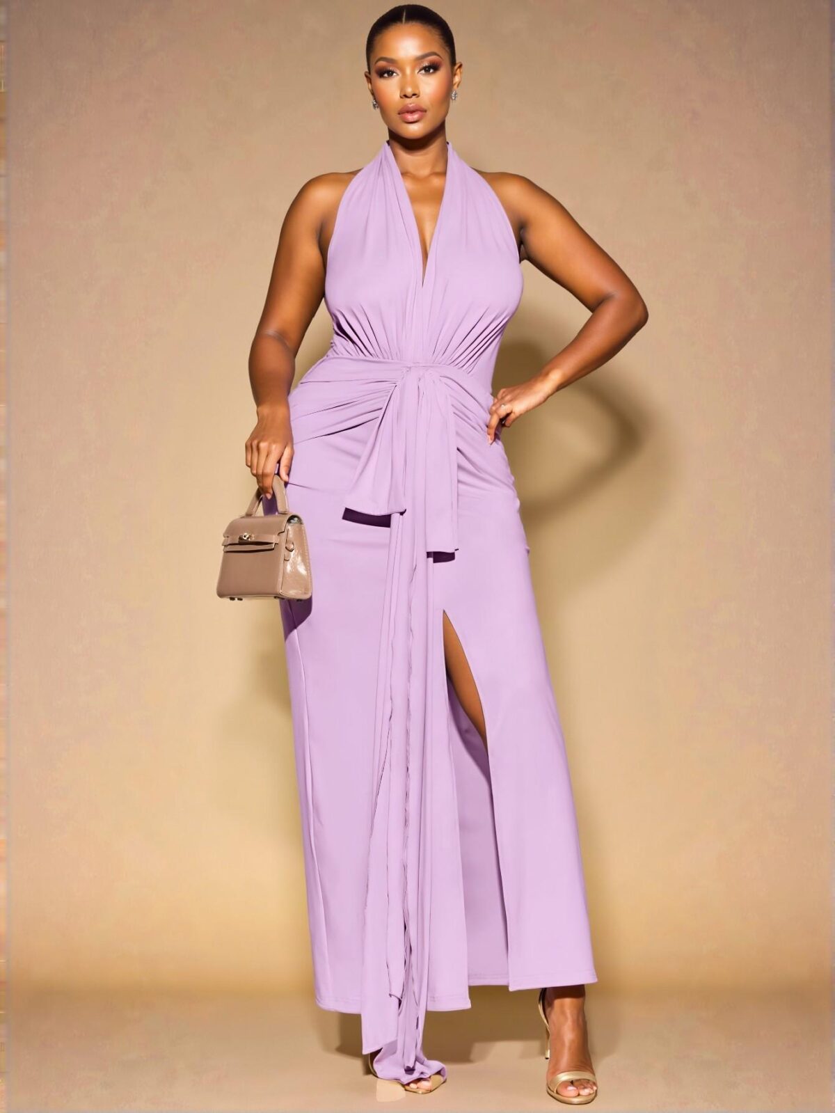Elegant Mauve Purple Long V-Neck Knit Dress and Plus Size Linen Vest with Wide Leg Shorts Set for Casual Outings, Dates, and Spring/Summer Events - Chic, Classy and Trendy Fashion Style to Dress to Impress - Image 4