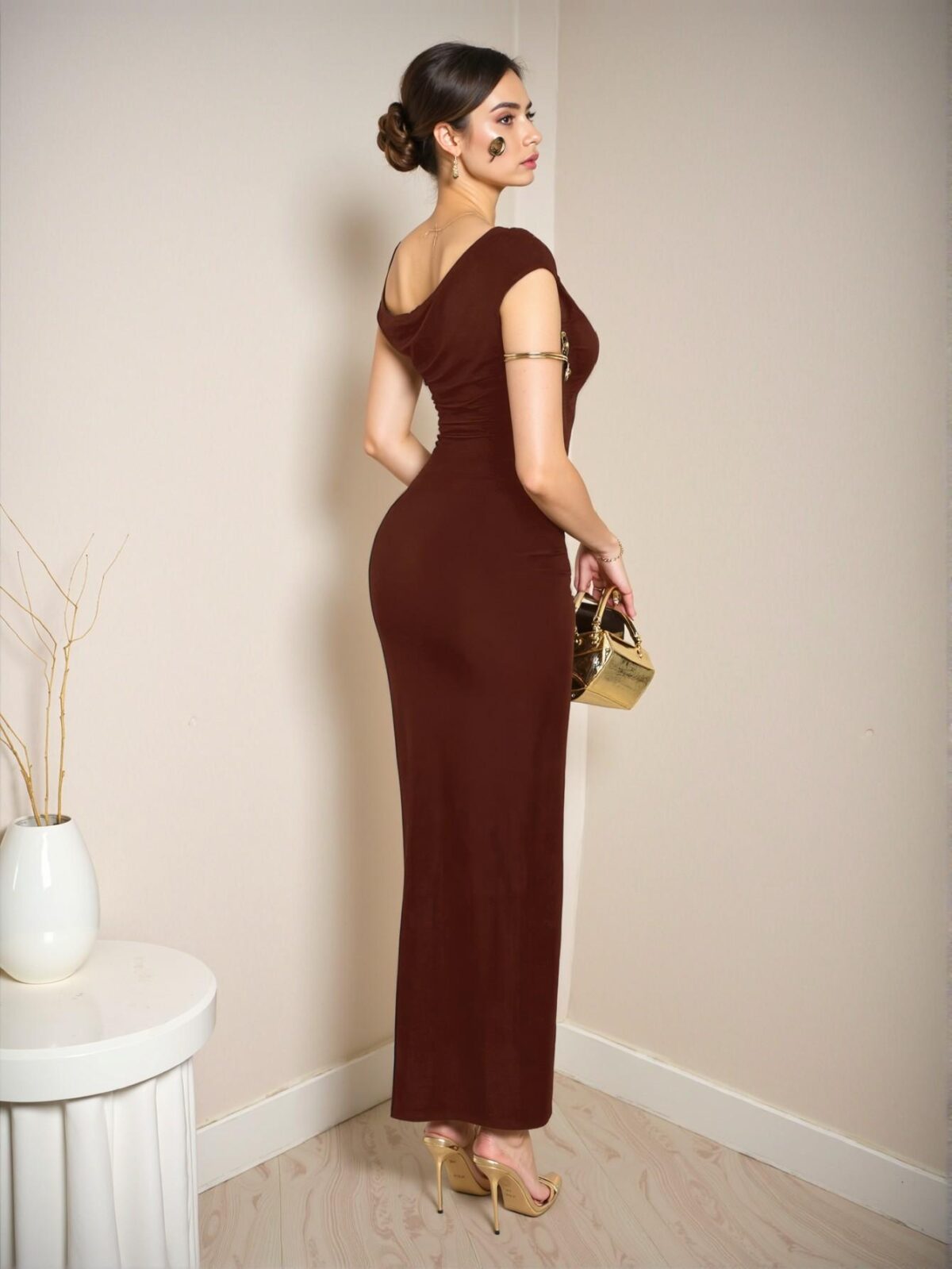 Elegant Coffee Brown Asymmetrical Ruched Bodycon Dress for Summer, Beach, and Formal Occasions - Chic, Classy and Trendy Fashion Style to Dress to Impress - Image 2