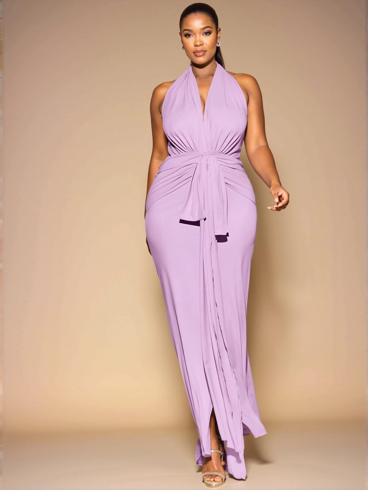 Elegant Mauve Purple Long V-Neck Knit Dress and Plus Size Linen Vest with Wide Leg Shorts Set for Casual Outings, Dates, and Spring/Summer Events - Chic, Classy and Trendy Fashion Style to Dress to Impress - Image 5