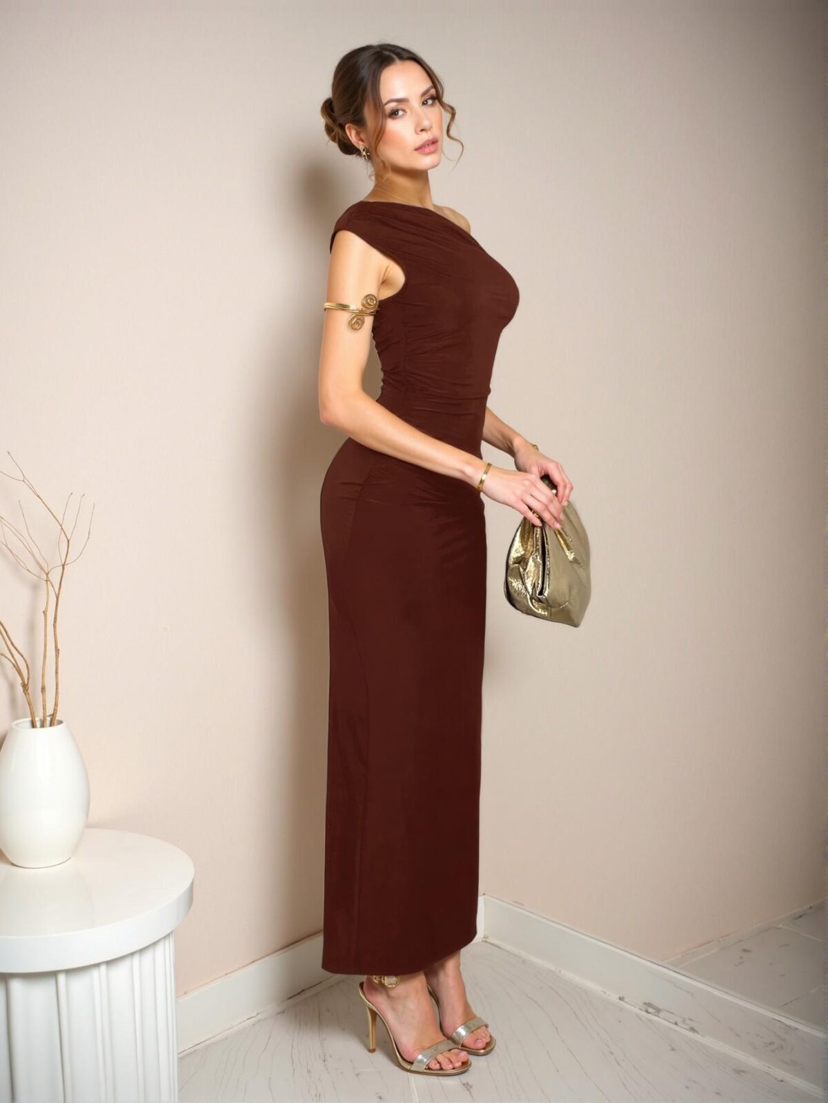 Elegant Coffee Brown Asymmetrical Ruched Bodycon Dress for Summer, Beach, and Formal Occasions - Chic, Classy and Trendy Fashion Style to Dress to Impress - Image 3