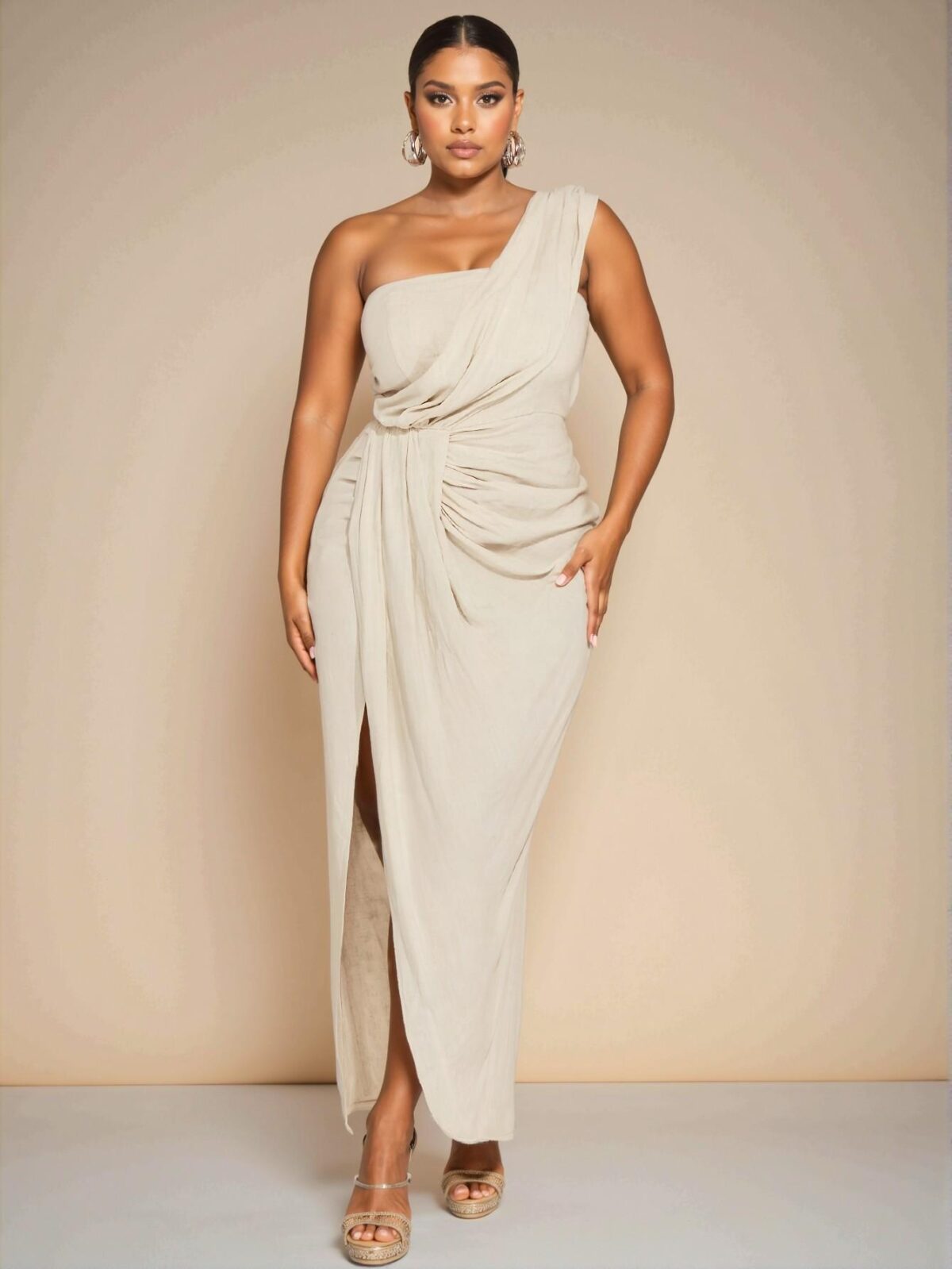 Elegant Apricot Asymmetrical Draped Collar High Slit Long Dress for Women Perfect for Beach Vacations and Dates - Chic, Classy and Trendy Fashion Style to Dress to Impress