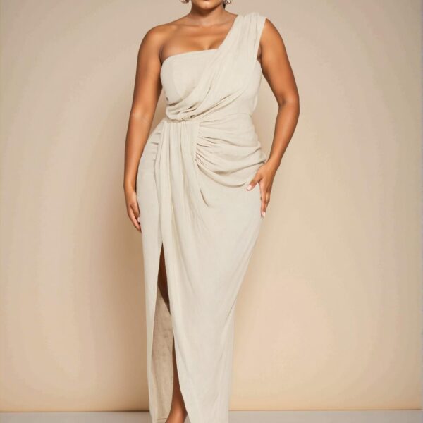 Elegant Apricot Asymmetrical Draped Collar High Slit Long Dress for Women Perfect for Beach Vacations and Dates - Chic, Classy and Trendy Fashion Style to Dress to Impress