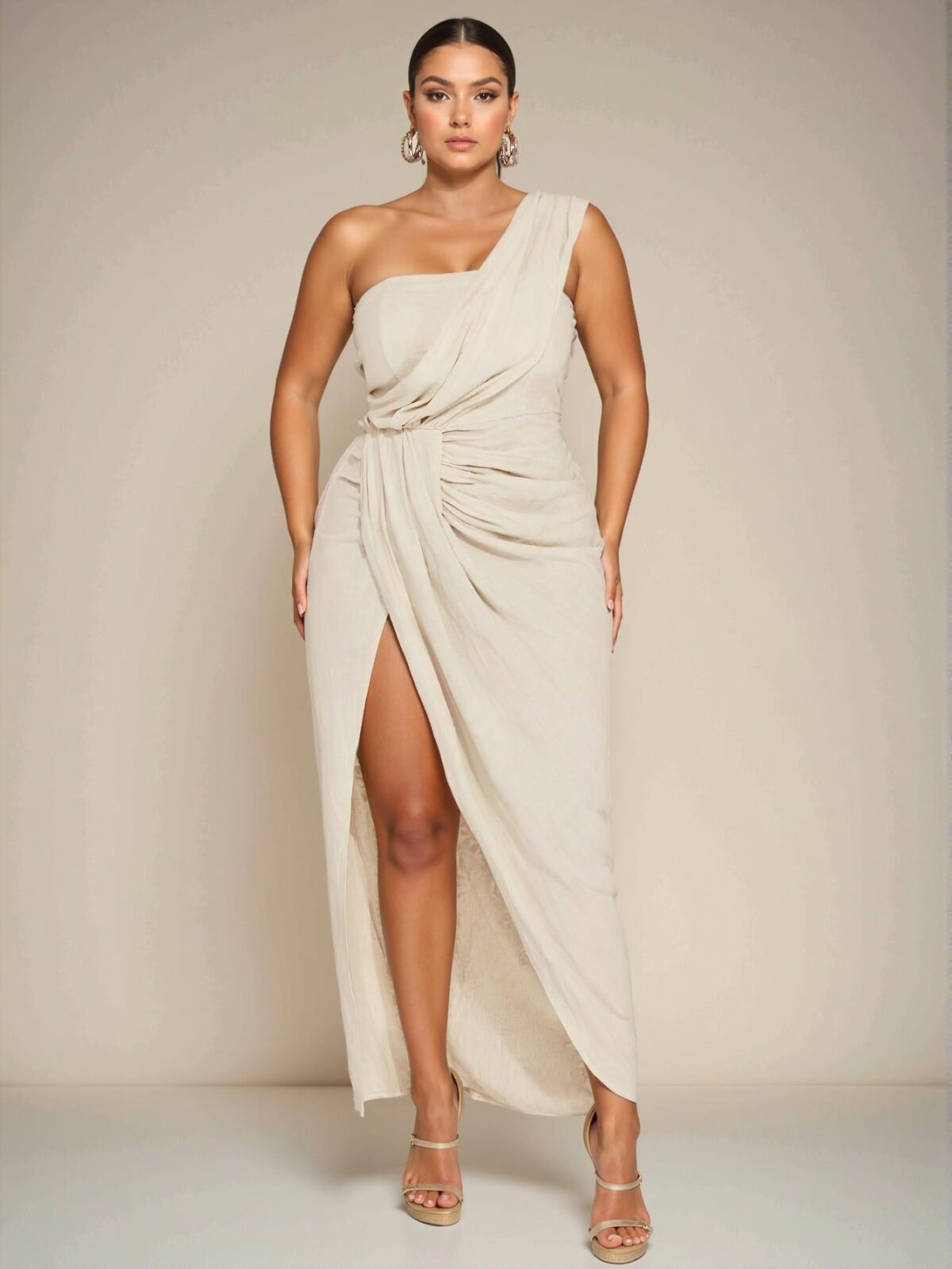 Elegant Apricot Asymmetrical Draped Collar High Slit Long Dress for Women Perfect for Beach Vacations and Dates - Chic, Classy and Trendy Fashion Style to Dress to Impress - Image 3
