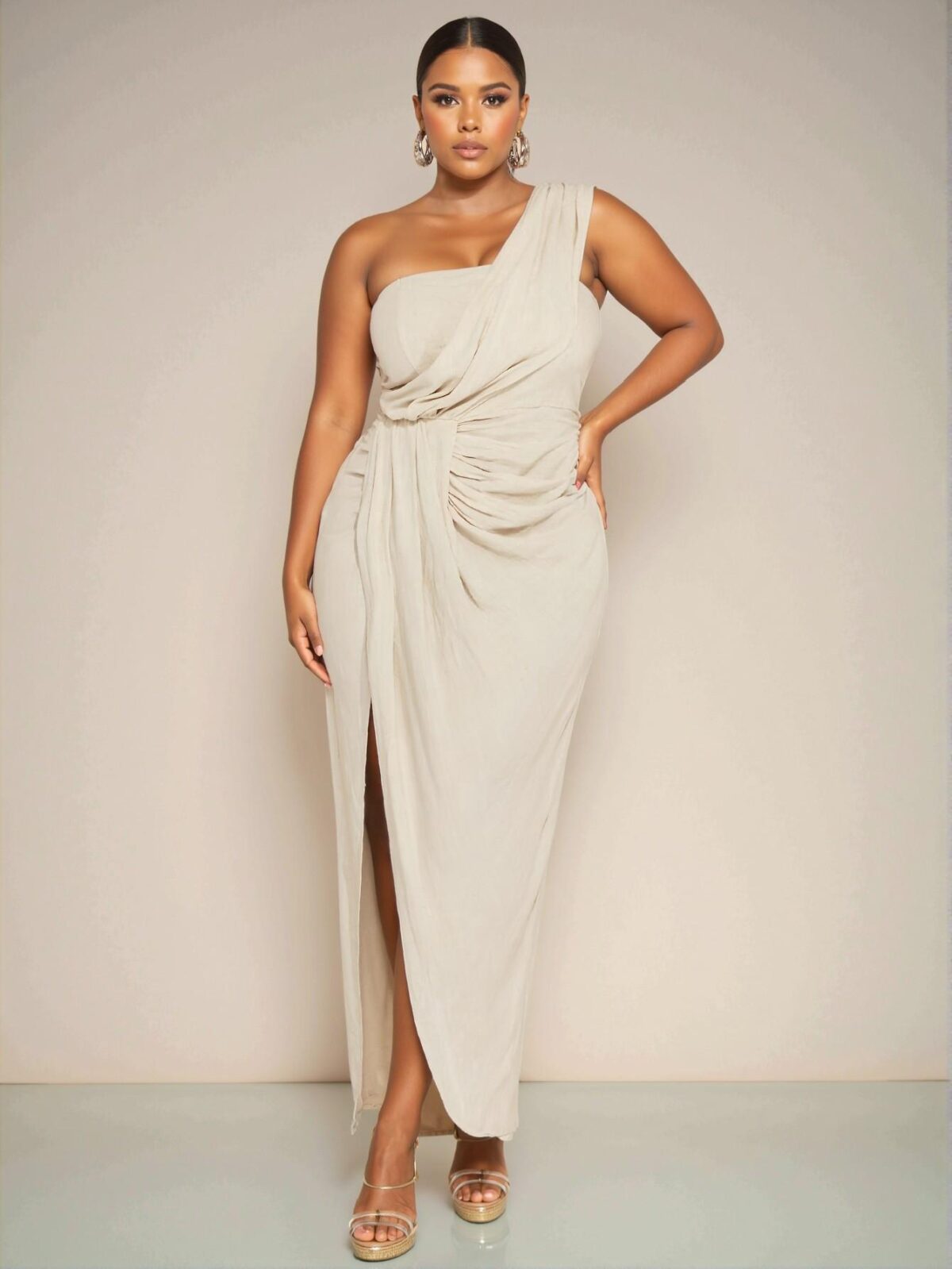 Elegant Apricot Asymmetrical Draped Collar High Slit Long Dress for Women Perfect for Beach Vacations and Dates - Chic, Classy and Trendy Fashion Style to Dress to Impress - Image 4