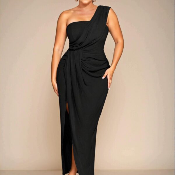 Elegant Black Stylish Asymmetrical Draped Collar High Slit Long Dress for Women Perfect for a Beach Vacation Date - Chic, Classy and Trendy Fashion Style to Dress to Impress