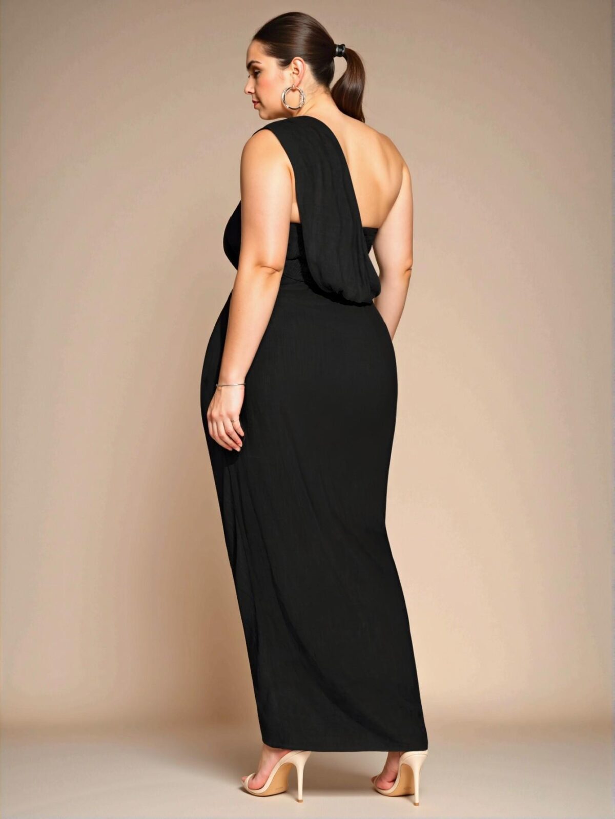 Elegant Black Stylish Asymmetrical Draped Collar High Slit Long Dress for Women Perfect for a Beach Vacation Date - Chic, Classy and Trendy Fashion Style to Dress to Impress - Image 2