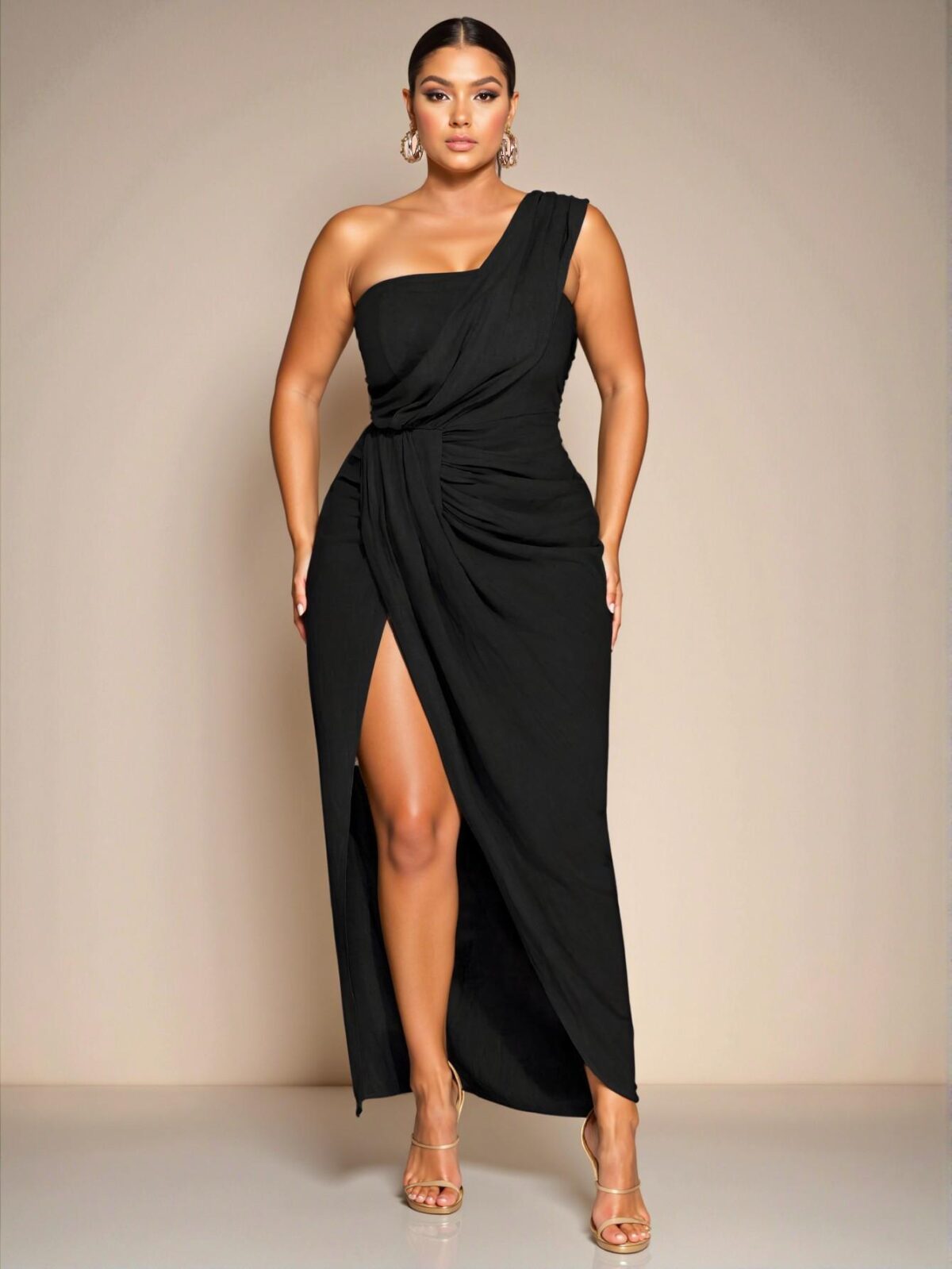 Elegant Black Stylish Asymmetrical Draped Collar High Slit Long Dress for Women Perfect for a Beach Vacation Date - Chic, Classy and Trendy Fashion Style to Dress to Impress - Image 3