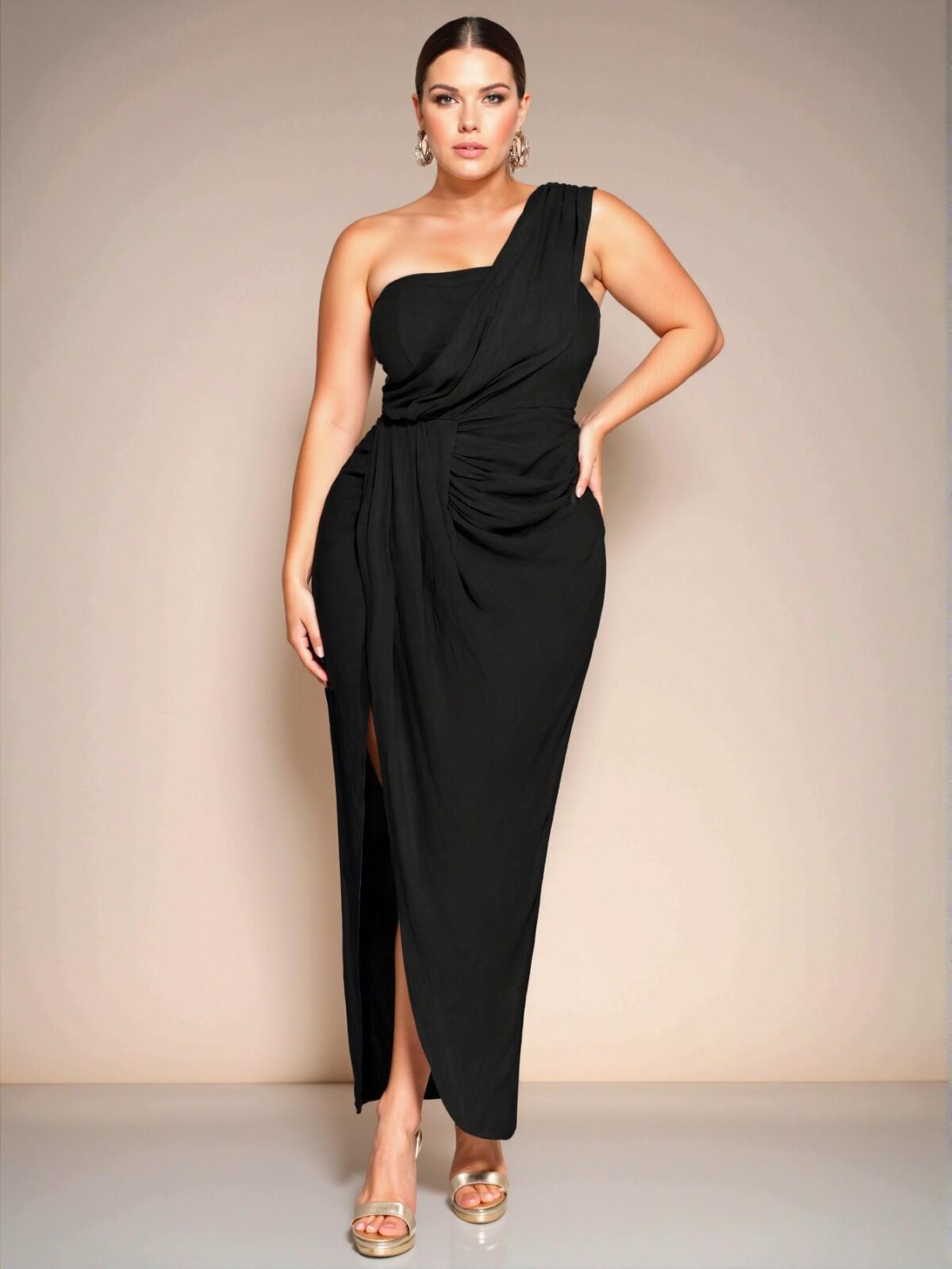Elegant Black Stylish Asymmetrical Draped Collar High Slit Long Dress for Women Perfect for a Beach Vacation Date - Chic, Classy and Trendy Fashion Style to Dress to Impress - Image 4