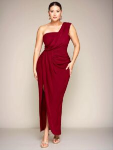 Elegant Burgundy Asymmetrical Draped Collar High Slit Long Dress with Gathered Elastic Waist for Women Perfect for Beach Getaways and Romantic Dates - Chic, Classy and Trendy Fashion Style to Dress to Impress