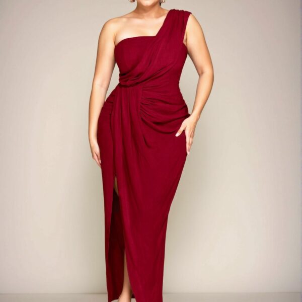 Elegant Burgundy Asymmetrical Draped Collar High Slit Long Dress with Gathered Elastic Waist for Women Perfect for Beach Getaways and Romantic Dates - Chic, Classy and Trendy Fashion Style to Dress to Impress