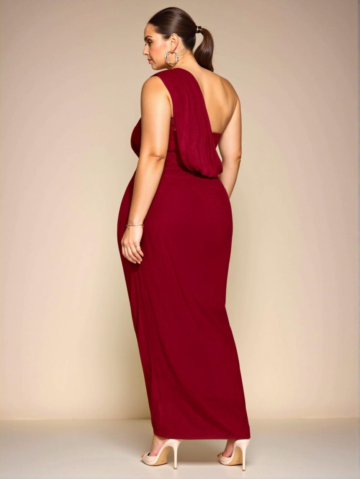 Elegant Burgundy Asymmetrical Draped Collar High Slit Long Dress with Gathered Elastic Waist for Women Perfect for Beach Getaways and Romantic Dates - Chic, Classy and Trendy Fashion Style to Dress to Impress - Image 2