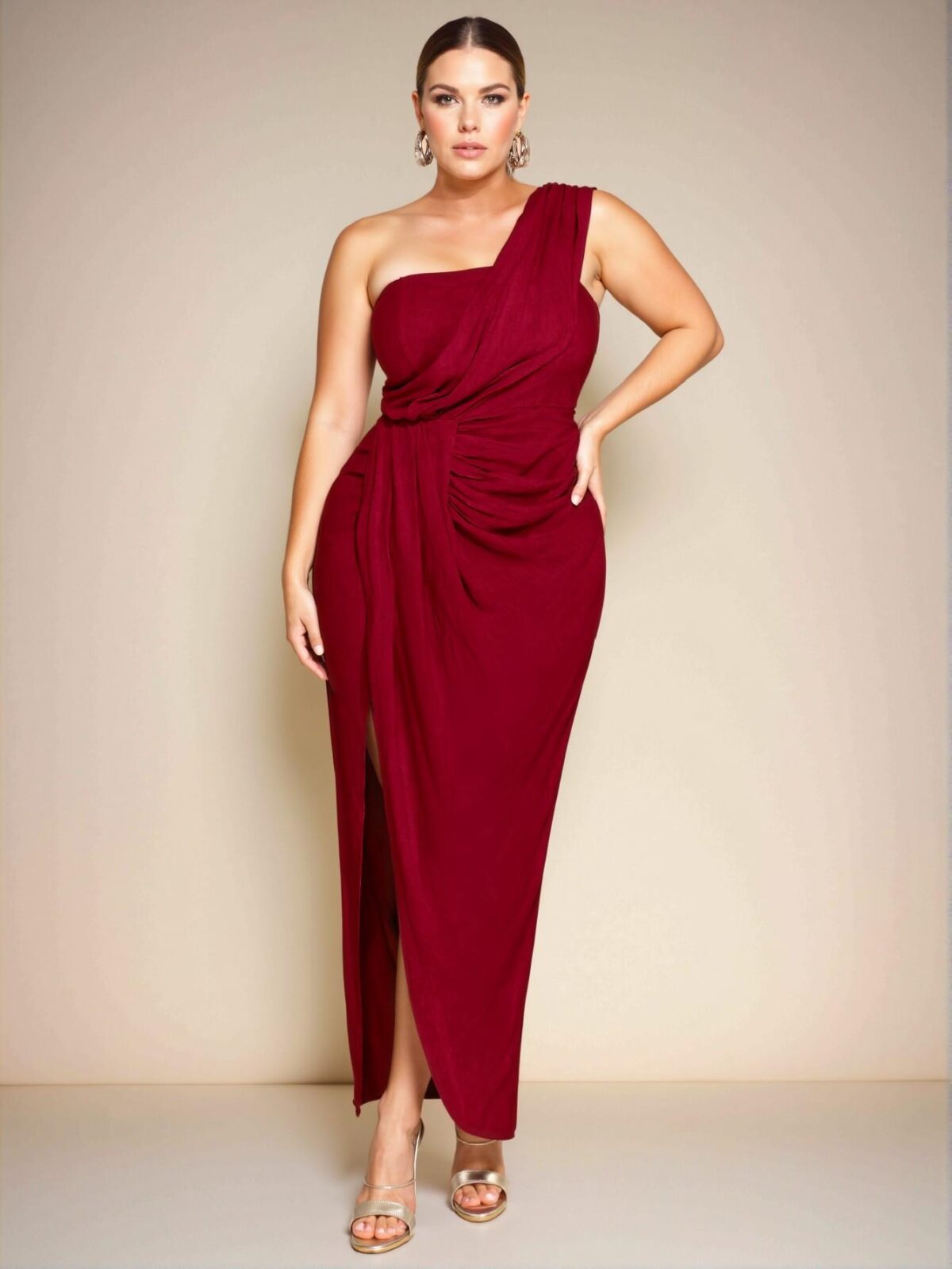 Elegant Burgundy Asymmetrical Draped Collar High Slit Long Dress with Gathered Elastic Waist for Women Perfect for Beach Getaways and Romantic Dates - Chic, Classy and Trendy Fashion Style to Dress to Impress - Image 4