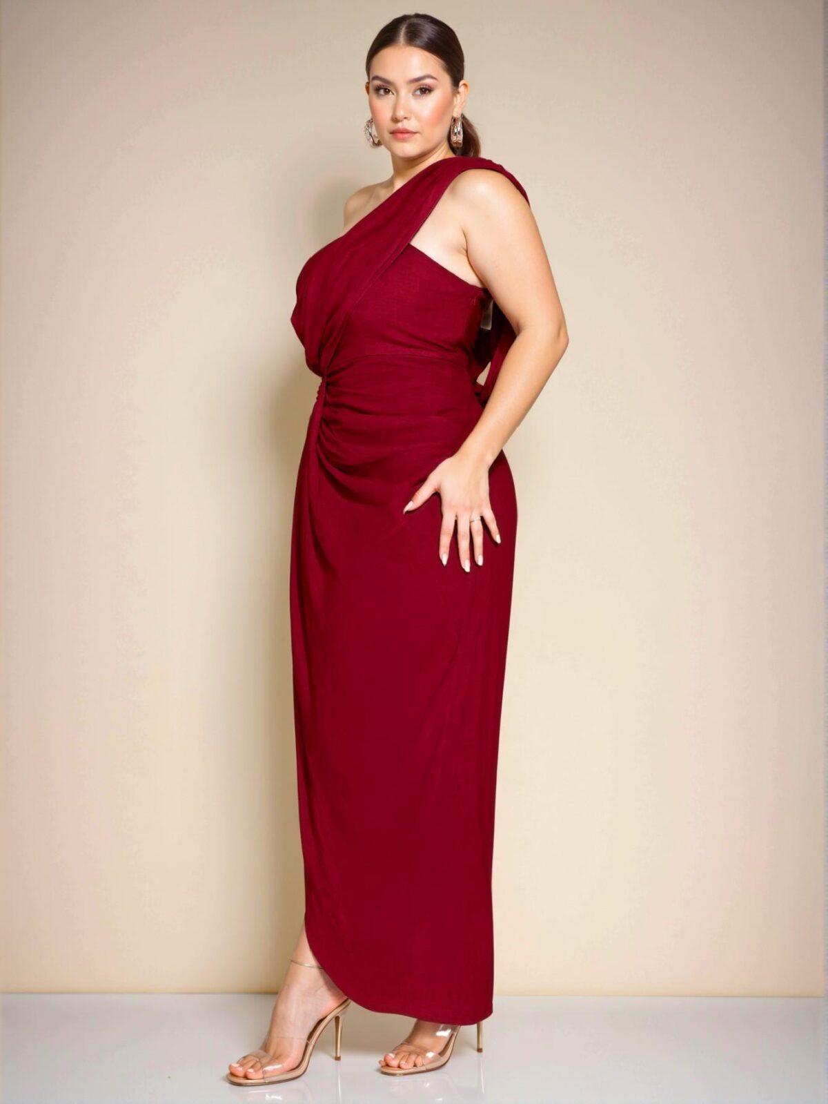 Elegant Burgundy Asymmetrical Draped Collar High Slit Long Dress with Gathered Elastic Waist for Women Perfect for Beach Getaways and Romantic Dates - Chic, Classy and Trendy Fashion Style to Dress to Impress - Image 5