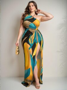 Elegant Greenish Yellow Asymmetrical High Slit Dress with Twist Details for Chic, Classy and Trendy Fashion Style to Dress to Impress