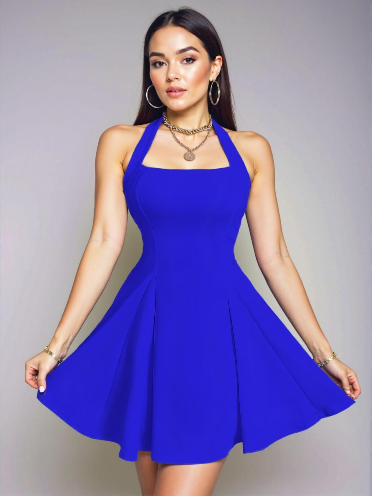 Elegant Blue Flared Halter Neck Summer Dress for Warm Days Chic, Classy and Trendy Fashion Style to Dress to Impress - Image 3