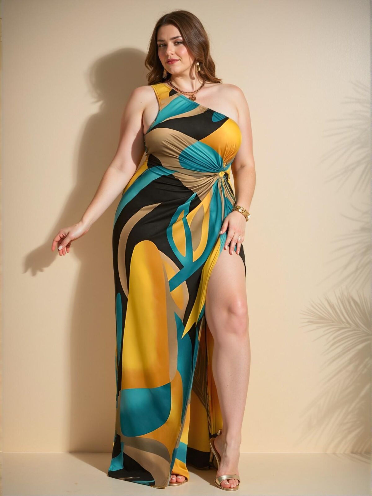 Elegant Greenish Yellow Asymmetrical High Slit Dress with Twist Details for Chic, Classy and Trendy Fashion Style to Dress to Impress - Image 2
