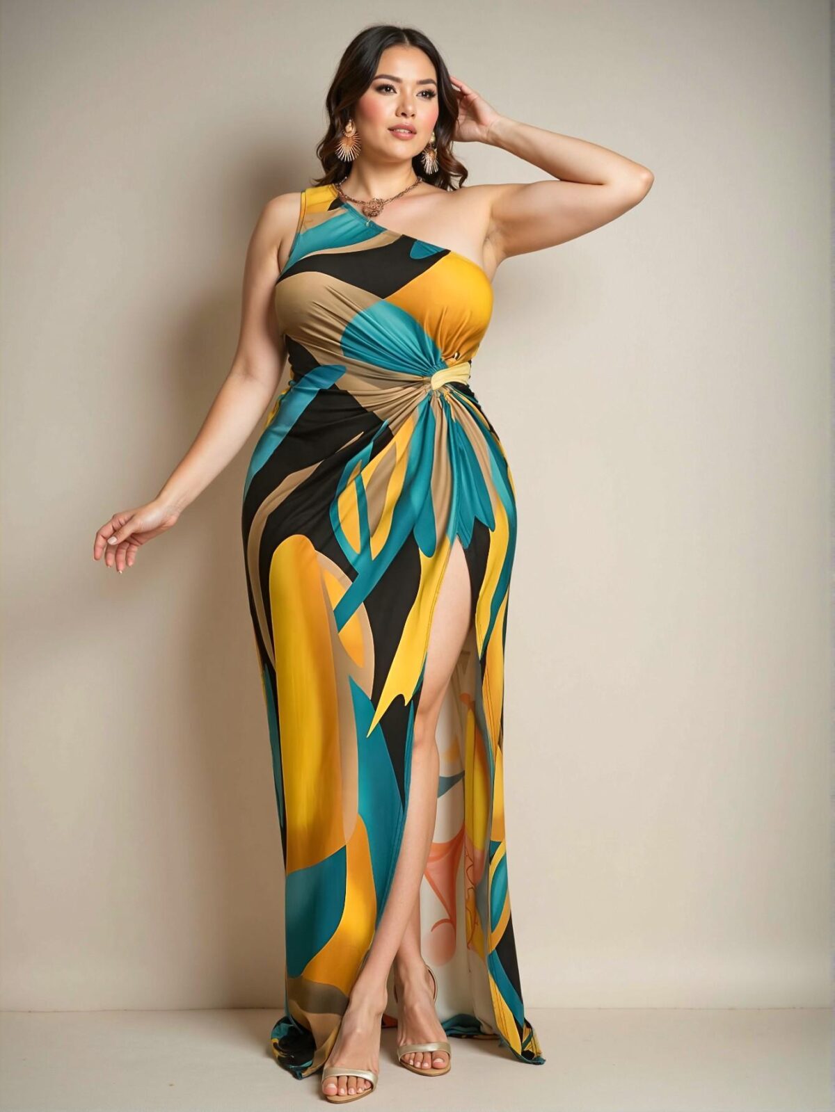 Elegant Greenish Yellow Asymmetrical High Slit Dress with Twist Details for Chic, Classy and Trendy Fashion Style to Dress to Impress - Image 3