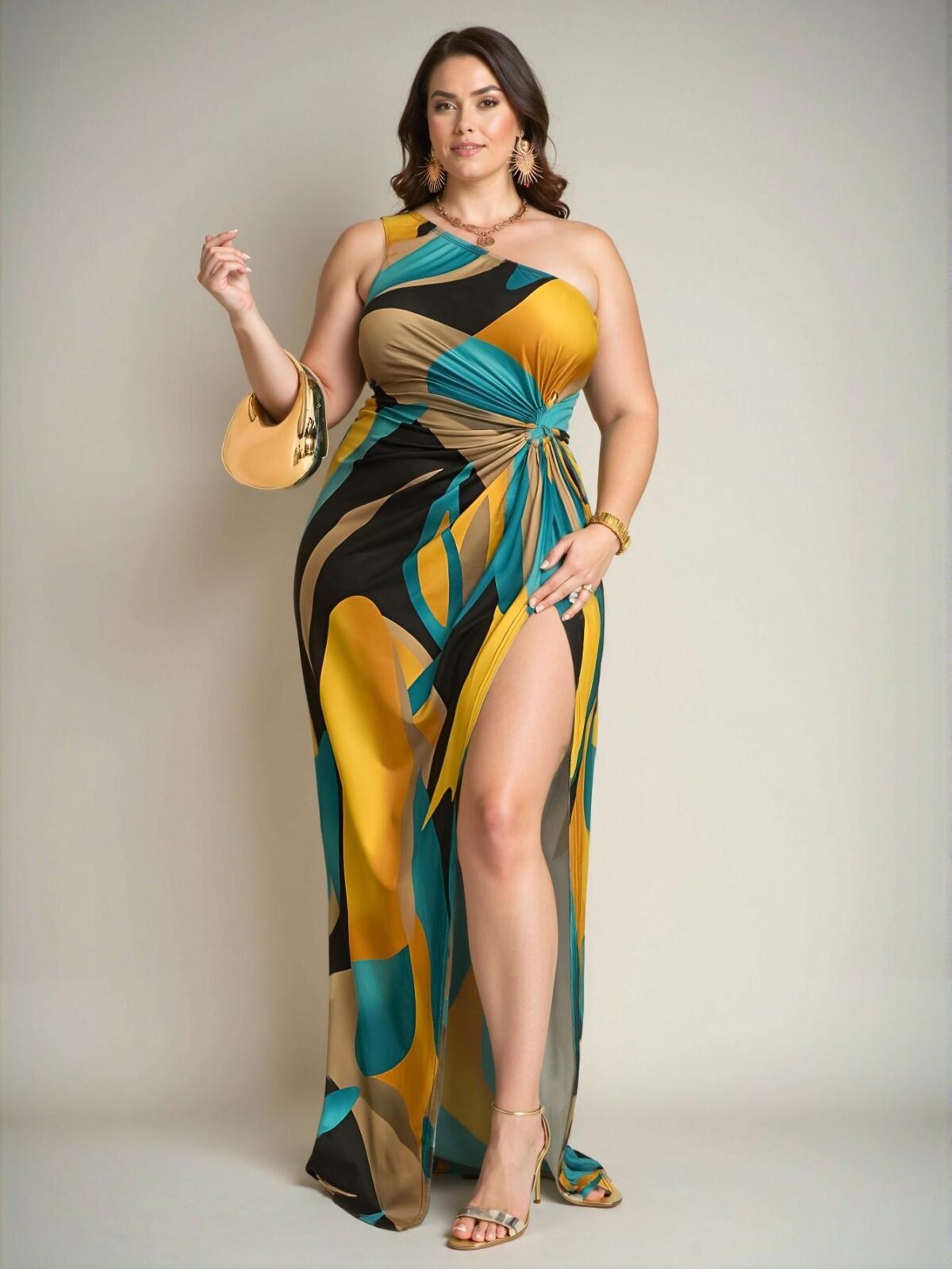 Elegant Greenish Yellow Asymmetrical High Slit Dress with Twist Details for Chic, Classy and Trendy Fashion Style to Dress to Impress - Image 4