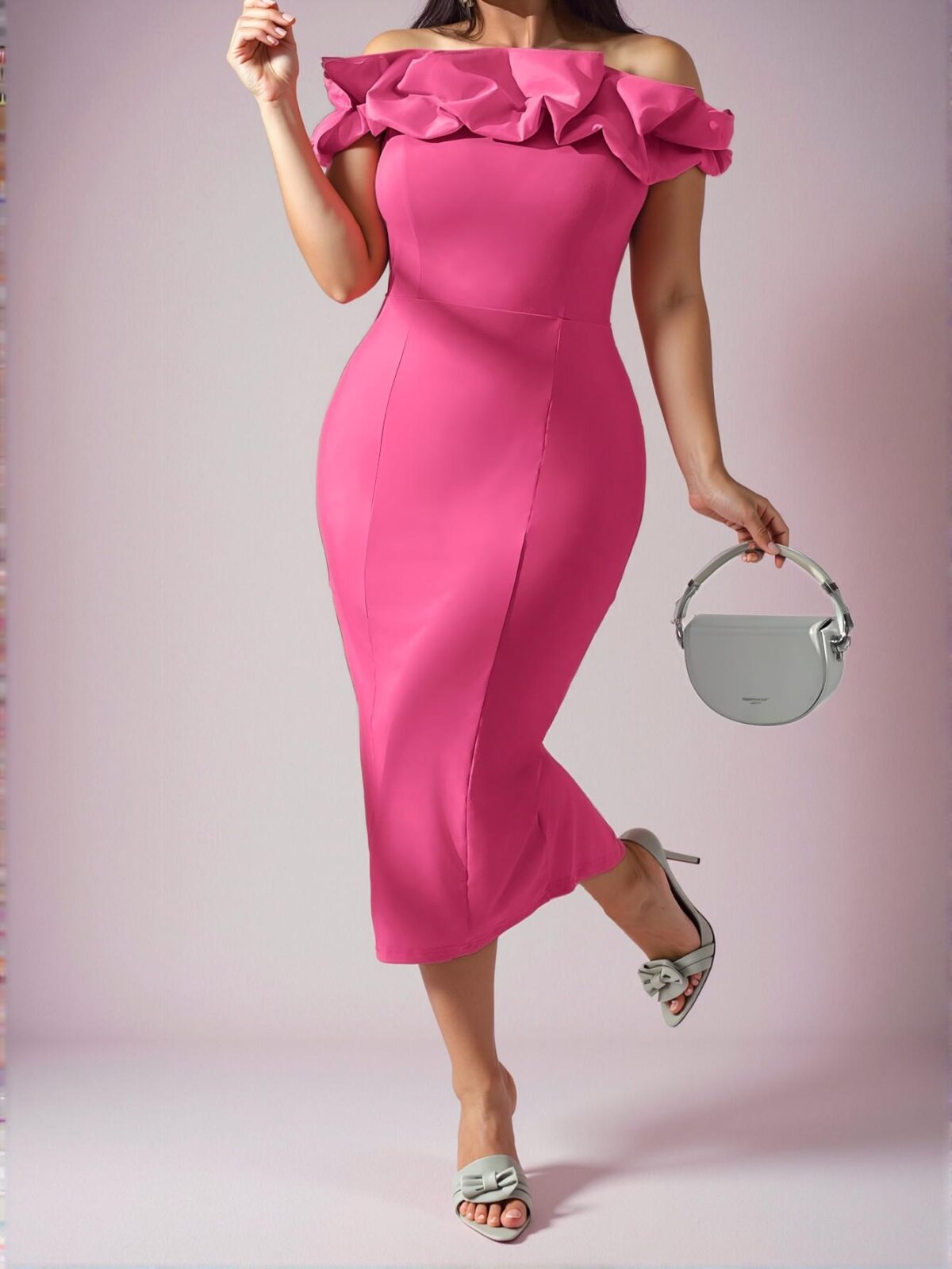 Elegant Pink Bodycon Midi Dress with Ruffle Hem and Slit for Office, Date, or Concert - Chic, Classy and Trendy Fashion Style to Dress to Impress