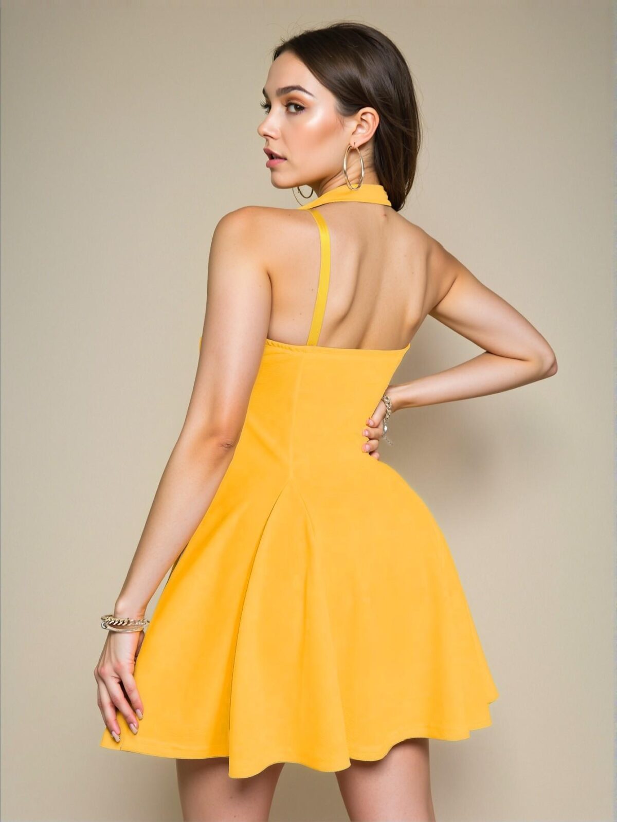 Chic Yellow Flared A-Line Halter Neck Dress for Warm Weather - Trendy, Classy, and Stylish Attire to Stand Out - Image 2