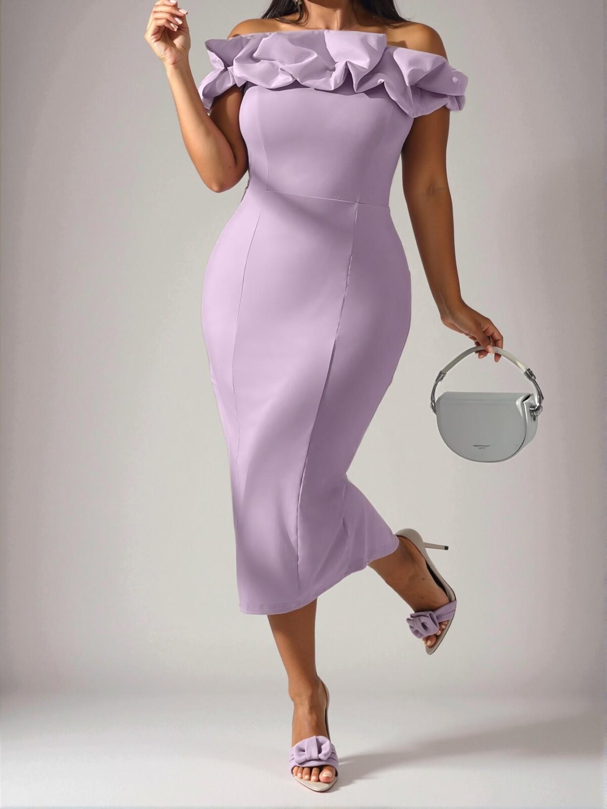 Elegant Purple Off Shoulder Ruched Flounce Midi Dress with Back Slit for Sophisticated Commuting and Special Occasions - Chic, Classy and Trendy Fashion Style to Dress to Impress
