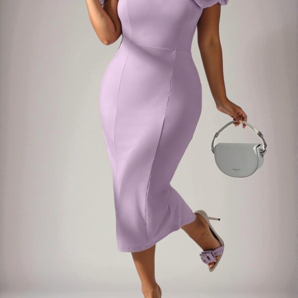 Elegant Purple Off Shoulder Ruched Flounce Midi Dress with Back Slit for Sophisticated Commuting and Special Occasions - Chic, Classy and Trendy Fashion Style to Dress to Impress
