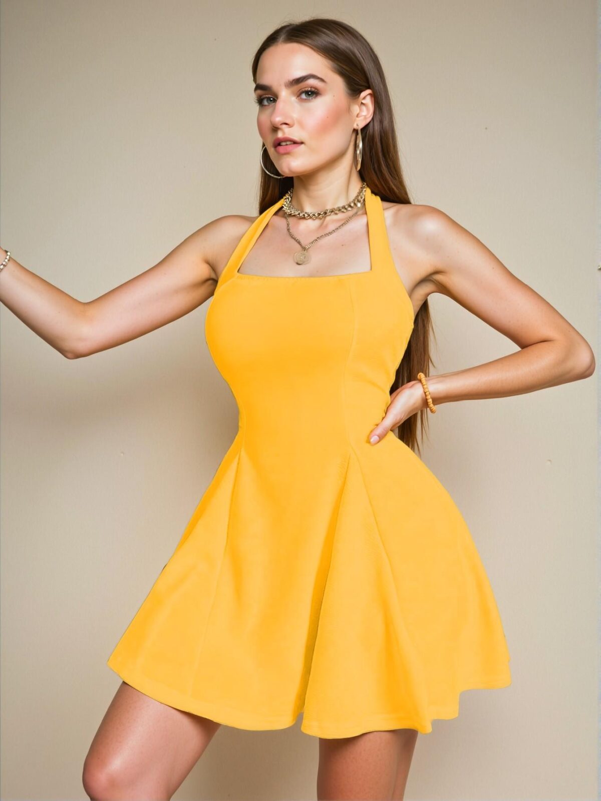 Chic Yellow Flared A-Line Halter Neck Dress for Warm Weather - Trendy, Classy, and Stylish Attire to Stand Out - Image 3