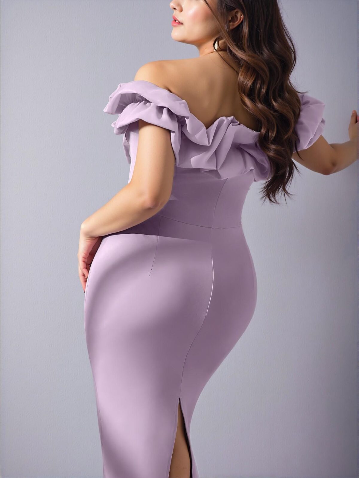 Elegant Purple Off Shoulder Ruched Flounce Midi Dress with Back Slit for Sophisticated Commuting and Special Occasions - Chic, Classy and Trendy Fashion Style to Dress to Impress - Image 2