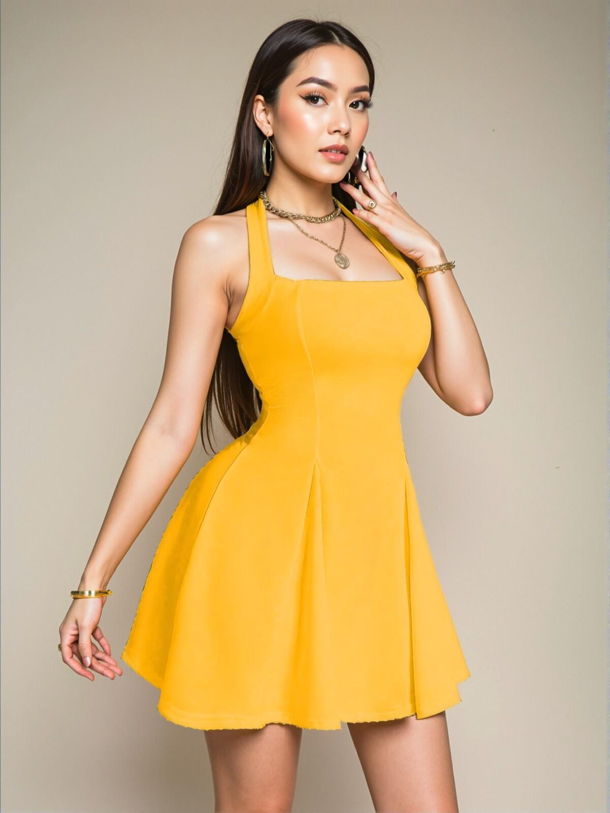 Chic Yellow Flared A-Line Halter Neck Dress for Warm Weather - Trendy, Classy, and Stylish Attire to Stand Out - Image 4