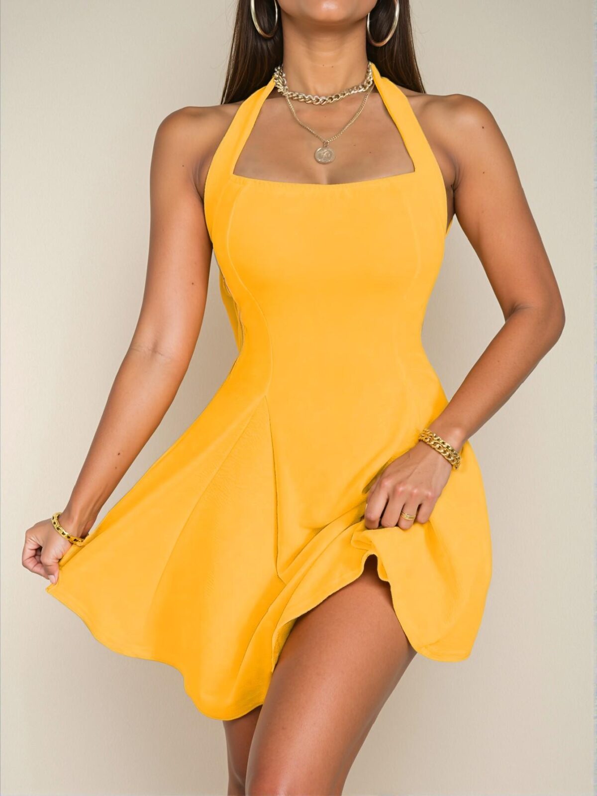 Chic Yellow Flared A-Line Halter Neck Dress for Warm Weather - Trendy, Classy, and Stylish Attire to Stand Out - Image 5
