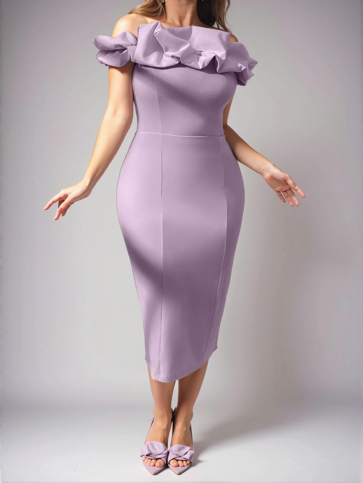 Elegant Purple Off Shoulder Ruched Flounce Midi Dress with Back Slit for Sophisticated Commuting and Special Occasions - Chic, Classy and Trendy Fashion Style to Dress to Impress - Image 3